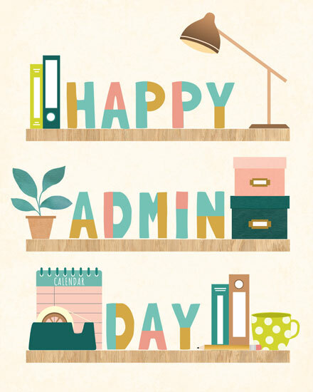admin professionals' day work shelf tape mug plant lamp boxes files calendar