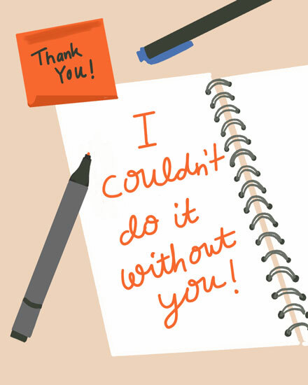 Notebook page with handwritten thank you note and pens.