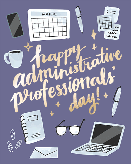 admin professionals' day office supplies gold foil computer glasses paperclip pen note coffee calendar stars phone administrative laptop