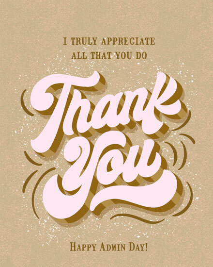 Beige card with pink script 'Thank You' and appreciation message.