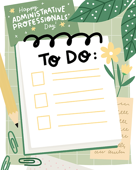 admin professionals' day to do checklist notebook paperclip flower organized pencil