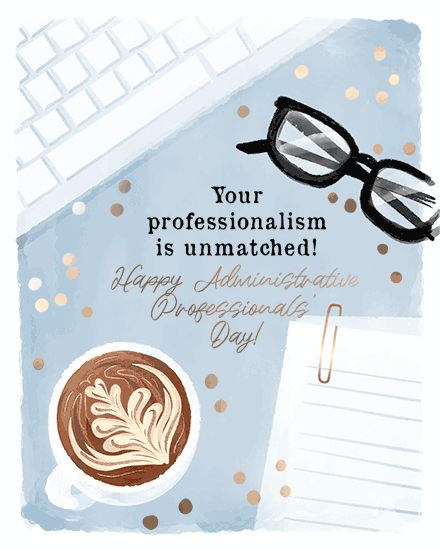 admin professionals' day watercolor office supplies coffee glasses animated confetti keyboard paperclip gold foil