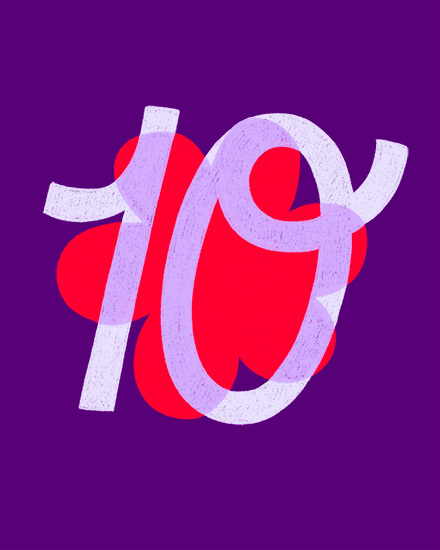 White textured script number 10 over red shapes on a deep purple background