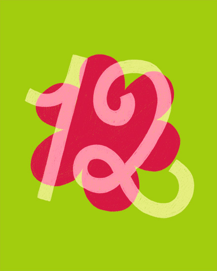 Large pink “10” over red abstract bloom on bright lime green background