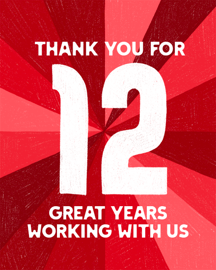 Red starburst background with large white 12 and thank-you message in bold text