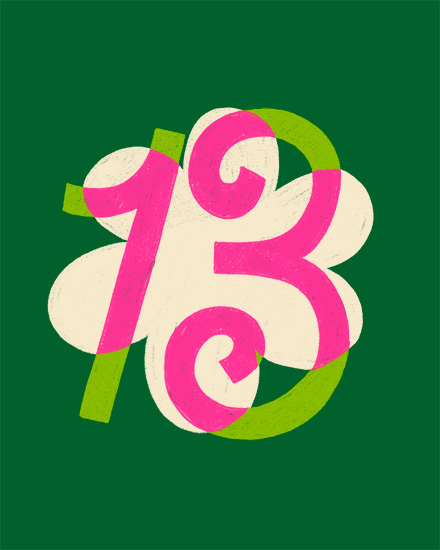 Bold pink and lime number 13 over white flower on dark green background