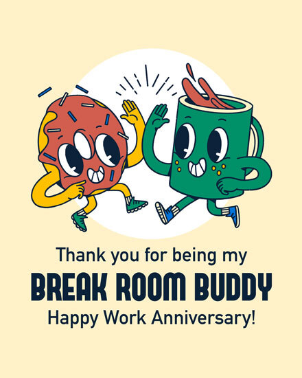 work anniversary break room buddy coffee donut 