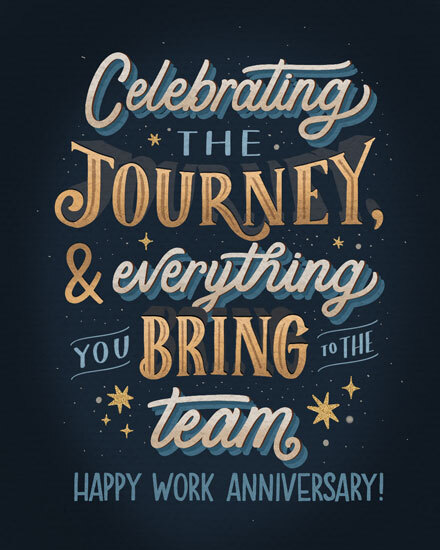Hand-lettered navy design with gold and teal typography and stars, celebrating a work anniversary