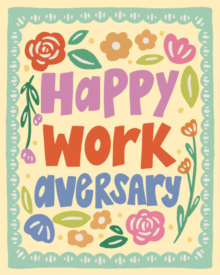 Happy Work Anniversary text with colorful hand lettering and pastel floral border illustration