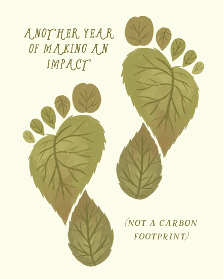 Olive green leaf footprints on cream background with eco pun work anniversary message