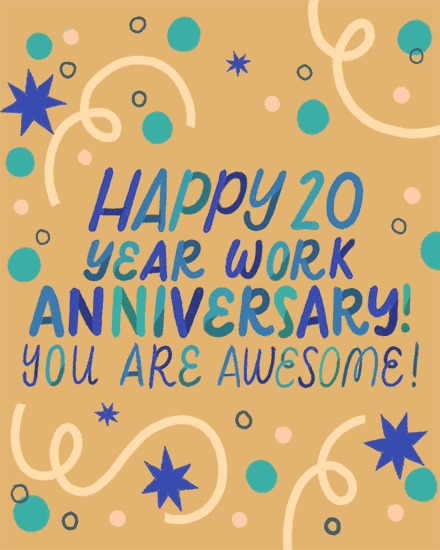 happy 20 year work anniversary card 20th 20s confetti stars  circle twenty anniv long service