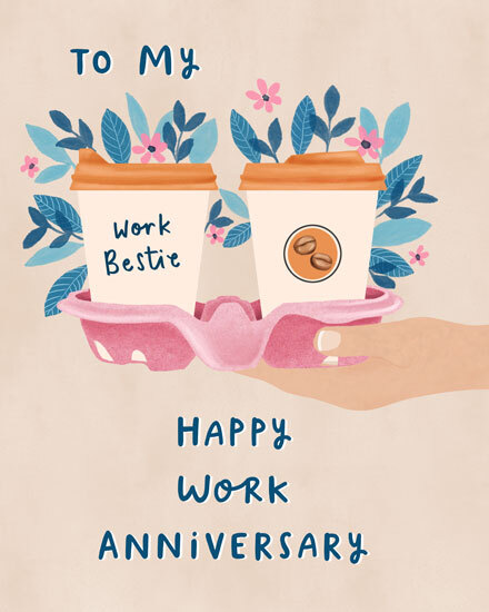 Illustrated coffee cups in pink carrier with florals and “Happy Work Anniversary” text