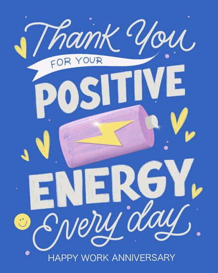 Blue greeting design with battery icon, yellow hearts, and “Thank You” positive energy message
