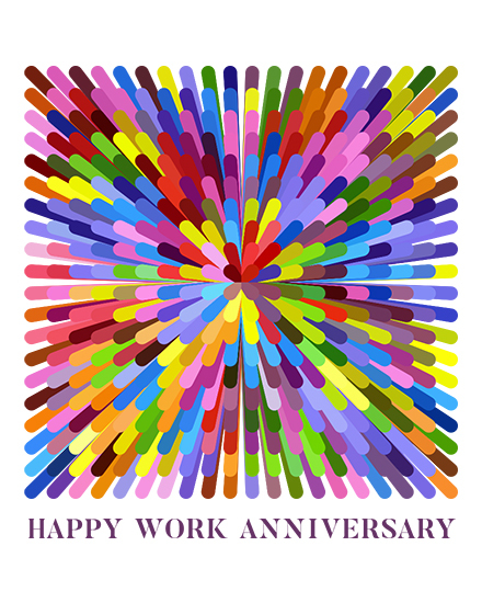 Colorful radial burst pattern above purple text reading Happy Work Anniversary on white