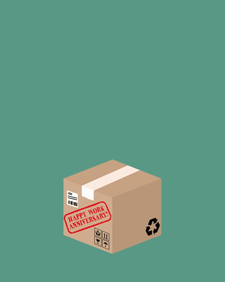 Minimal teal background with cardboard box illustration stamped Happy Work Anniversary in red