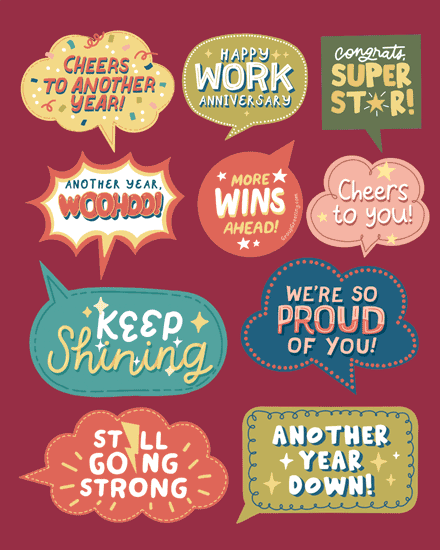 Colorful retro speech bubbles with work anniversary congratulations on a burgundy background