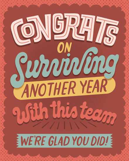 Retro typography design saying congrats on surviving another year, teal and coral text on red background