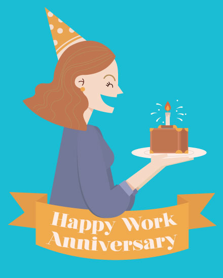 work anniversary anniversary card woman carrying briefcase cake anniv