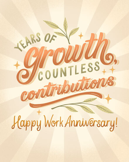 Sunburst background with leafy accents and hand-lettered “Years of Growth” work anniversary message