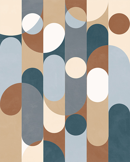 Abstract mid-century pattern with rounded vertical shapes and circles in teal, blue, tan, and cream