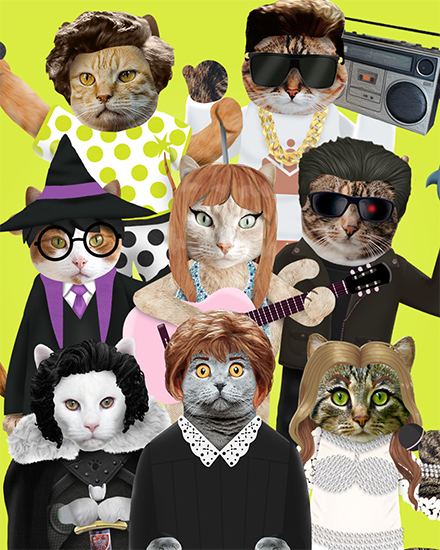 Cats dressed as pop culture icons with accessories on a lime green backdrop.
