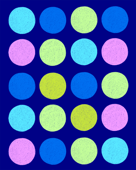 Grid of textured pastel dots on dark navy background in blue, green, and purple