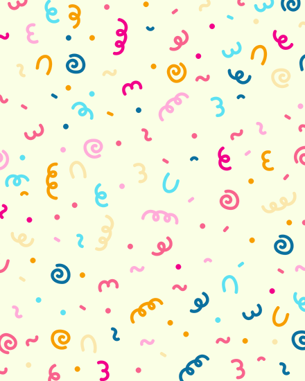 Cream background with colorful confetti swirls, streamers, and dots in pink, teal, blue, orange