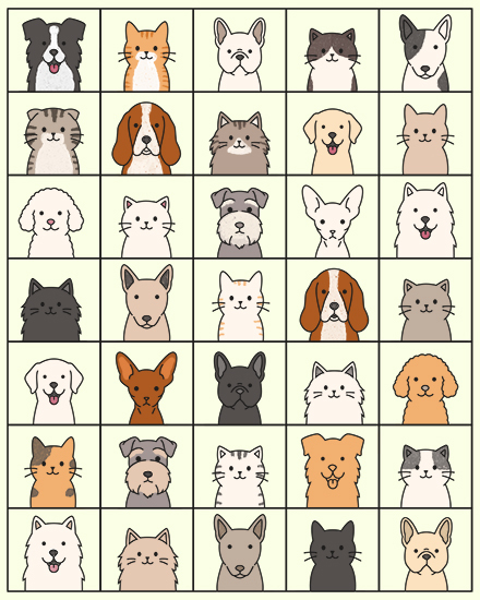 Grid of illustrated cat and dog faces in pastel squares on a light background