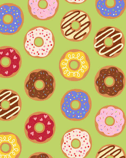 Seamless pattern of illustrated donuts with sprinkles and drizzles on light green background