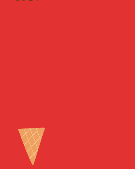 Animated ice cream scoops stacking onto a cone over a red background.