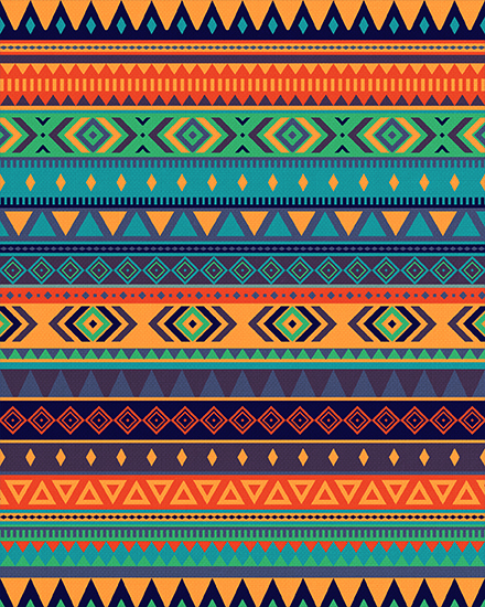 Colorful horizontal geometric pattern with diamonds, triangles, and zigzags in teal, orange, and navy