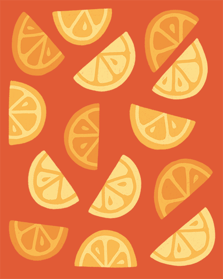 Hand-drawn yellow lemon slice pattern on a warm orange background