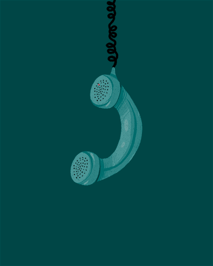 Illustration of a vintage telephone handset on a dark teal background.