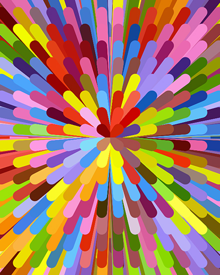 Vibrant abstract starburst of multicolored rounded rays radiating from the center on a bright background