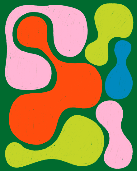Abstract organic blobs in orange, pink, lime, and blue on dark green background