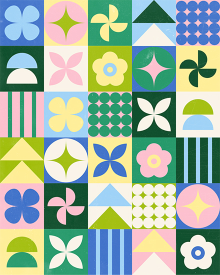 Colorful grid of abstract floral and geometric shapes in pastel pink, blue, green, and yellow