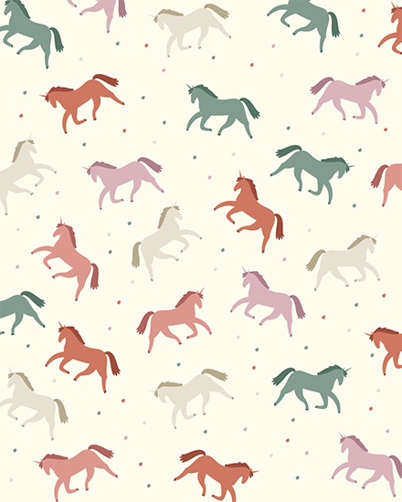Pattern of unicorns in pastel colors on cream background with small dots.