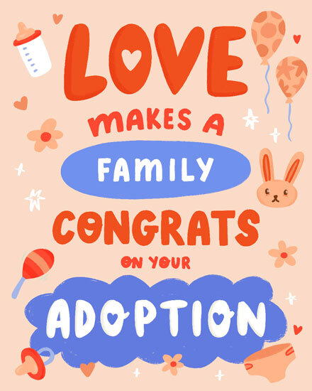 Playful adoption greeting card with baby-themed illustrations and heartwarming text in bright colors.