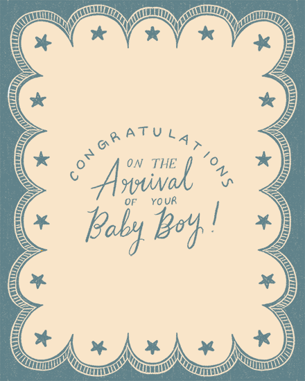 Vintage blue and cream design with scalloped border, stars, and “Congratulations…Baby Boy” text
