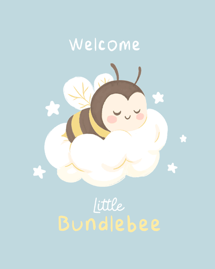 Sleepy bumblebee resting on a cloud with stars, sky-blue background, “Welcome Little Bundlebee” text