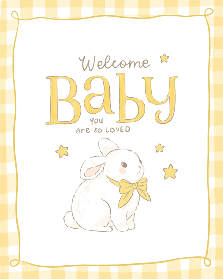Welcome Baby text with cute bunny illustration, yellow stars, and gingham border