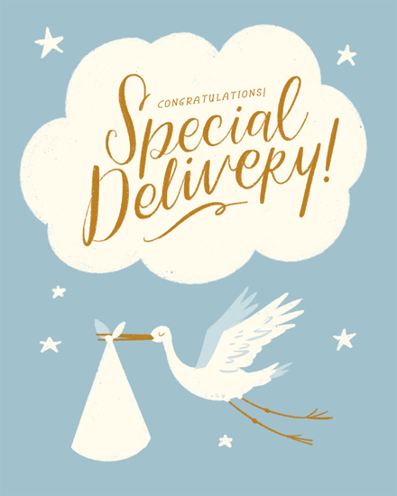 Blue stork delivery design with cloud and gold lettering, “Congratulations! Special Delivery!” and stars