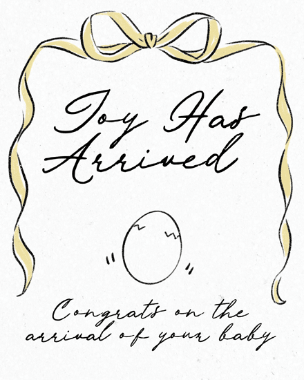 Minimal greeting design with gold ribbon bow, “Joy Has Arrived” script, and egg illustration