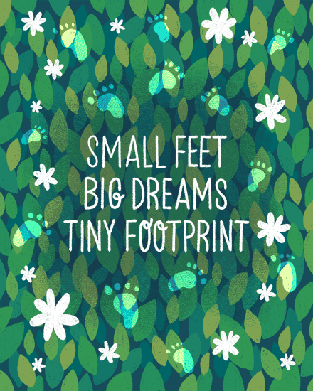 Hand-lettered quote over green leafy pattern with mint footprints and white flowers