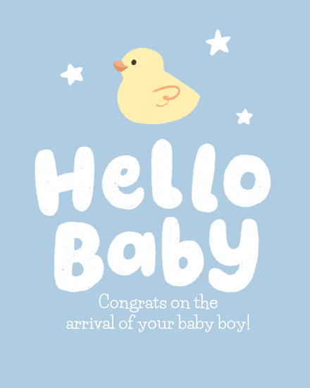 Blue greeting design with yellow duck, white stars, and large “Hello Baby” text