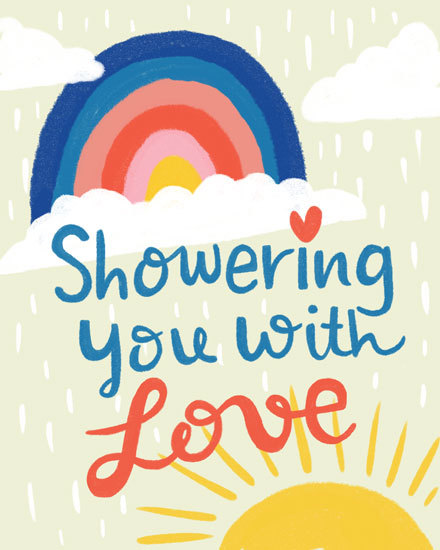 baby card showering you with love rainbow sun rain clouds arrival