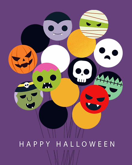 Purple background with Halloween-themed balloons featuring various spooky faces.