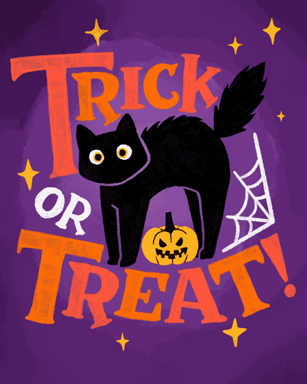 Halloween-themed design with black cat, pumpkin, and bold 'Trick or Treat!' text.