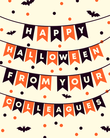 Banners reading 'Happy Halloween From Your Colleagues' with bats and polka dots on a cream background.