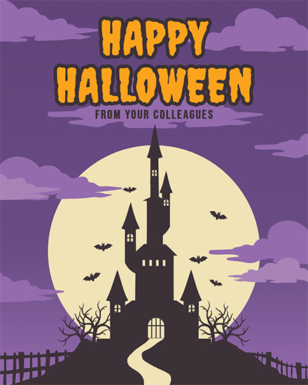 Haunted castle silhouette with bats and a full moon on a purple background.